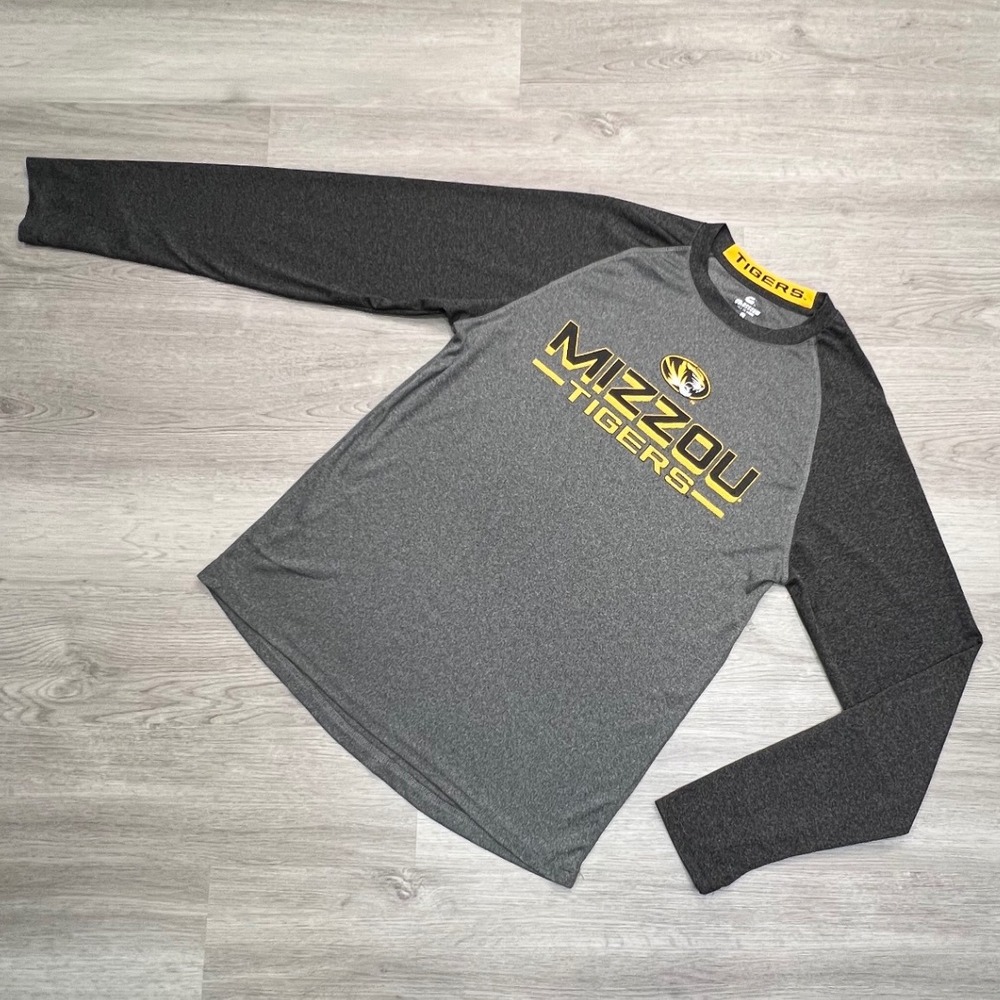 Mizzou Tigers Colosseum Gray Raglan Long Sleeve Shirt College Graphic L‎